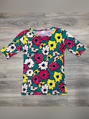 LuLaRoe Women's Blouse T-Shirt Green Multi Color Pink Yellow Floral Print XS